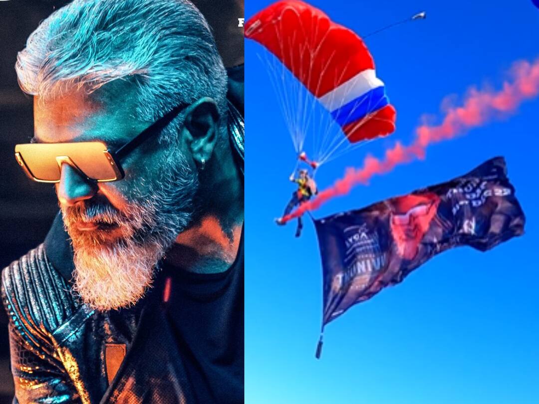 Thunivu Promotions Lyca Productions takes Ajith’s Thunivu up in sky After 2.0 Watch video Thunivu Promotions: నేలపై కాదు, ఏకంగా ఆకాశంలో ‘తెగింపు’ ప్రమోషన్ - స్కై డైవింగ్‌తో బ్యానర్ ప్రదర్శన