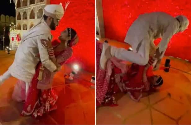 during romantic photo shoot groom could not handle his bride and dropped her Video: ਫੋਟੋਸ਼ੂਟ ਦੌਰਾਨ ਲਾੜੇ ਦੇ ਹੱਥੋਂ ਨਿਕਲੀ ਲਾੜੀ, ਫਿਰ ਹੋਇਆ ਕੁਝ ਅਜਿਹਾ ਜਿਸ ਬਾਰੇ ਸੋਚਿਆ ਵੀ ਨਹੀਂ ਸੀ...