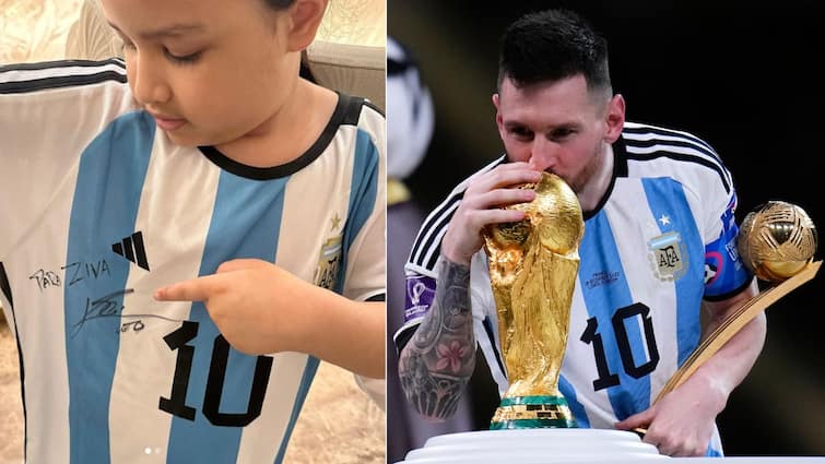 Lionel Messi gifts signed Argentina jersey to MS Dhoni's daughter Ziva Dhoni Ziva Dhoni: ধোনির মেয়ের জন্য উপহার পাঠালেন মেসি! সোশ্যাল মিডিয়ায় জানাল ছোট্ট জিভা