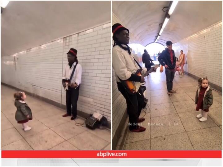 street musician improvises Louis Armstrong song for little girl in UK subway Video: स्ट्रीट आर्टिस्ट ने सबवे में छोटी बच्ची के लिए गाया गाना, दिल जीत रहा वीडियो