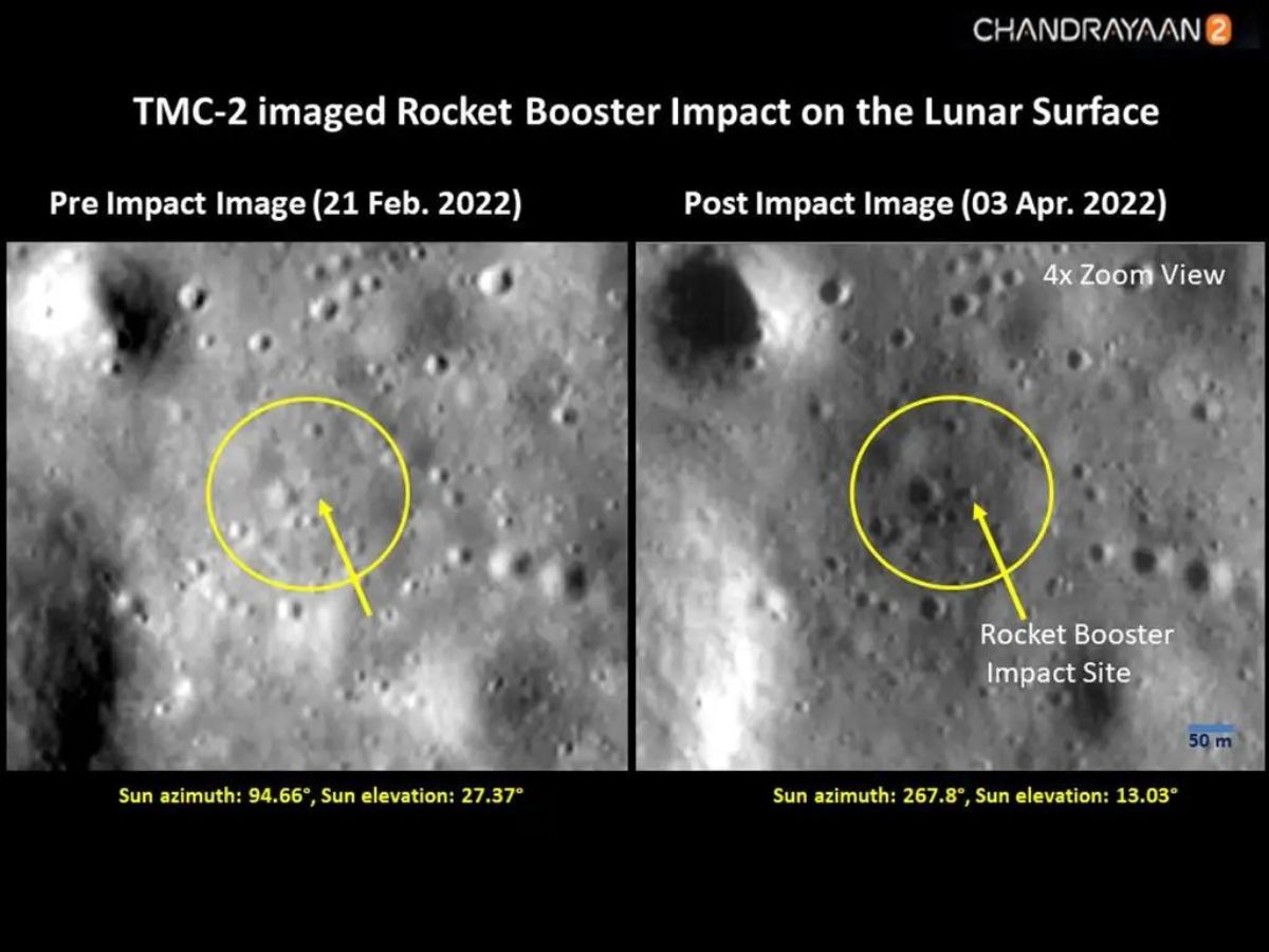 In April 2022, the Terrain Mapping Camera-2 (TMC-2) onboard ISRO's Chandrayaan-2 imaged the far side of the Moon, and identified the impact site of a rocket that collided with Earth's natural satellite. (Image source: ISRO)