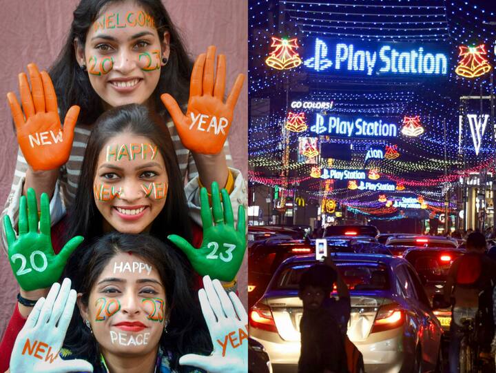 Young women pose for pictures after getting their hands and face painted for New Year celebrations in Amritsar. Brigade road is illuminated ahead of the celebrations in Bengaluru. ( Photo: PTI)