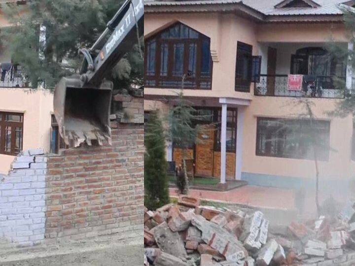 Jammu and Kashmir Administration demolishes property of Hizbul Mujahideen terrorist commander Amir Khan in Anantnag Pahalgam marathi news Jammu Kashmir : अनंतनागमध्ये दहशतवादाविरोधात मोठी कारवाई, हिजबुल मुजाहिद्दीनच्या कमांडरच्या घरावर चालवला बुलडोझर 