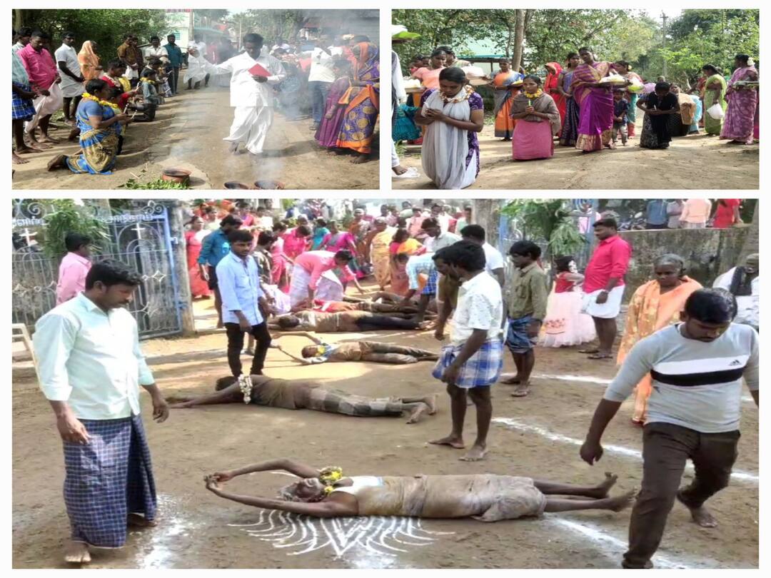 Mayiladuthurai district Special New Year worship are being held in temples and churches புனித அந்தோணியார் ஆலயத்தில் தீச்சட்டி ஏந்தி அங்கப்பிரதட்சணம் செய்து பக்தர்கள் வழிபாடு