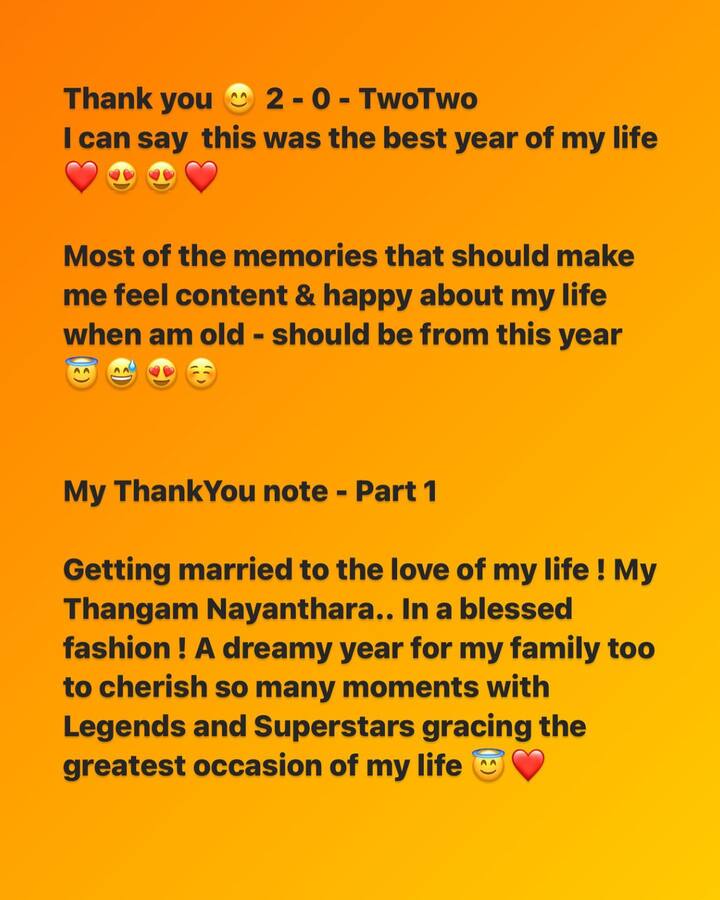 இயக்குநர் விக்னேஷ் சிவன் தனது இன்ஸ்டாகிராம் பக்கத்தில், கடந்த 2022ம் ஆண்டிற்கு நன்றி தெரிவித்து நீண்ட பதிவை வெளியிட்டார்.