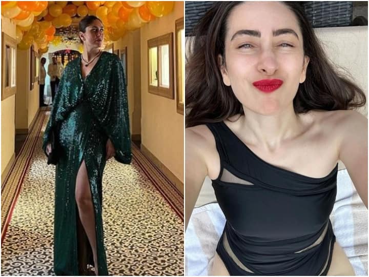 Kareena Kapoor shared  picture of New Year look in green high slit gown and Karishma Kapoor in black monokini Taimur Steels the show ग्रीन हाई स्लिट ड्रेस में करीना का कहर, तो बड़ी बहन करिश्मा ने कट-आउट मोनोकनी पहन किया नए साल का वेलकम