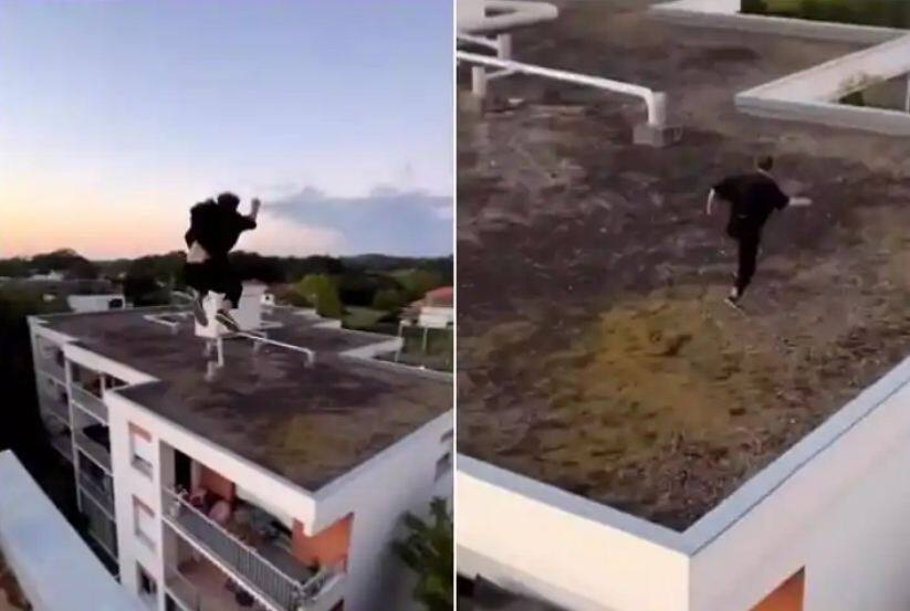 man is seen performing a stunt by jumping off roof of a high rise building Viral Video: ਵਿਅਕਤੀ ਨੇ ਉੱਚੀ ਇਮਾਰਤ ਦੀ ਛੱਤ ਤੋਂ ਮਾਰੀ ਹੈਰਾਨੀਜਨਕ ਛਾਲ, ਯੂਜ਼ਰਸ ਨੇ ਕਿਹਾ- ਖਤਰੋਂ ਕਾ ਖਿਲਾੜੀ
