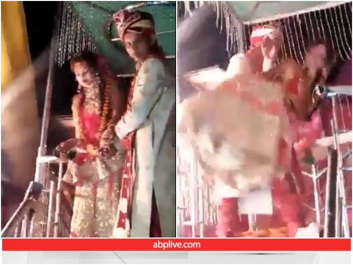 Groom fell while lifting bride during Jaimala video goes viral Video: जयमाल के दौरान जोश में आया दूल्हा, दुल्हन को उठाते निकल गई हवा