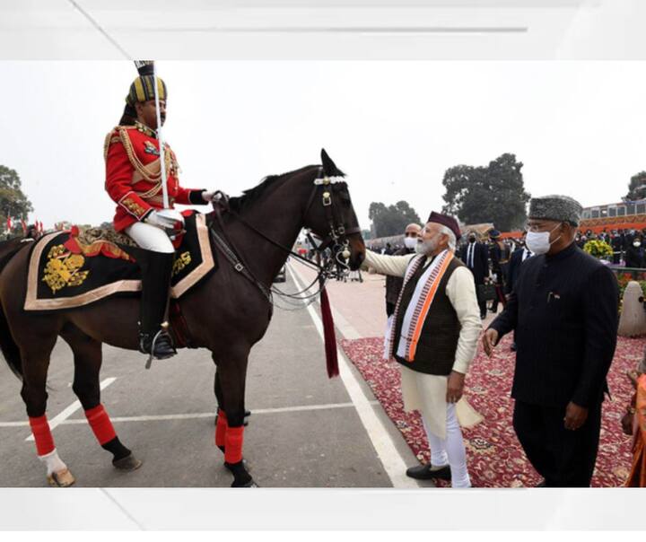 हा फोटो माजी राष्ट्रपती रामनाथ कोविंद यांच्या अंगरक्षकाच्या घोड्याचे आहे. या घोड्याचे नाव विराट असून पीएम मोदी त्याला निरोप देत आहेत.