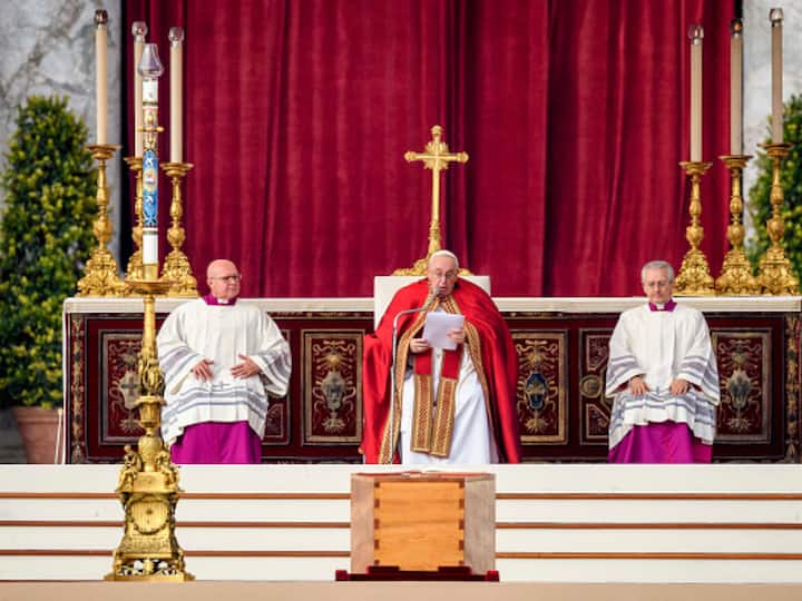 Pope Francis speaks by the coffin of Pope Emeritus Benedict XVI during his funeral mass. Pope Francis is presiding over the funeral of his predecessor Benedict XVI at St Peter's Square in the Vatican. (Source: AFP)