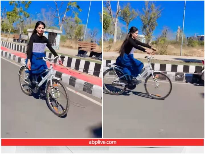 girl is seen skipping along with cycling at the same time Video: साइकिल चलाते समय स्किपिंग कर रही युवती, वीडियो देख यूजर्स दंग