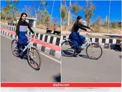 साइकिल चलाते समय स्किपिंग कर रही युवती, वीडियो देख यूजर्स दंग