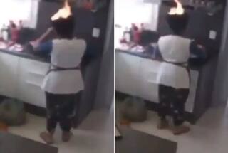 Shocking Video: 40 ਸੈਕਿੰਡ ਤੱਕ ਸਿਰ 'ਤੇ ਬਲਦੀ ਰਹੀ ਅੱਗ, ਖਾਣਾ ਬਣਾਉਣ ਵਾਲੀ ਔਰਤ ਨੂੰ ਪਤਾ ਹੀ ਨਹੀਂ ਲੱਗਾ