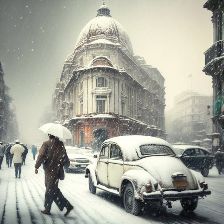 বরফে ঢাকা কলকাতার ট্রাম, এসপ্ল্যানেড চত্বর বরফে ঢেকে গেলে কেমন লাগবে সেটাই কল্পনা করেছেন তিনি।