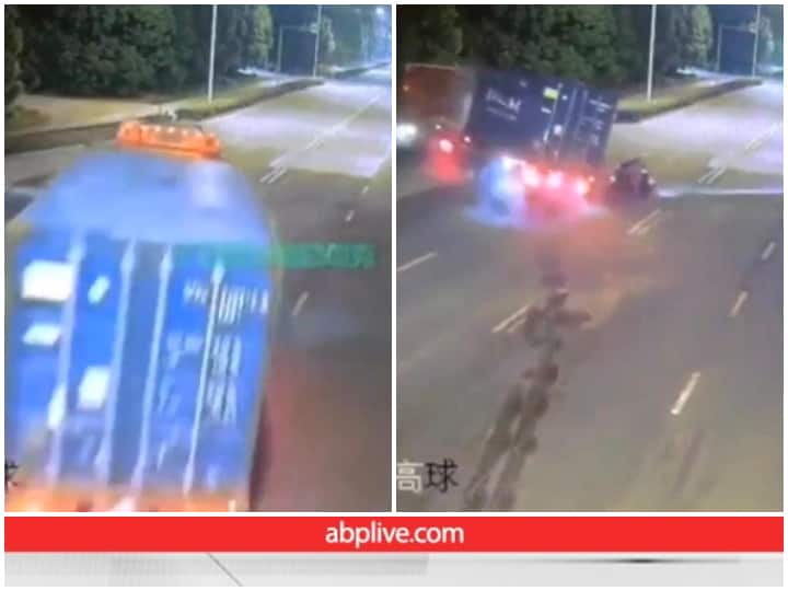 bike rider survives a speeding truck collision shocking viral video तेज रफ्तार आ रही ट्रक की टक्कर से बाल-बाल बचा बाइक सवार, Video देख सहम जाएंगे 