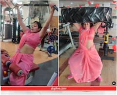 Woman With Saree Doing Exercise in Gym Woman Gyming In Saari Video