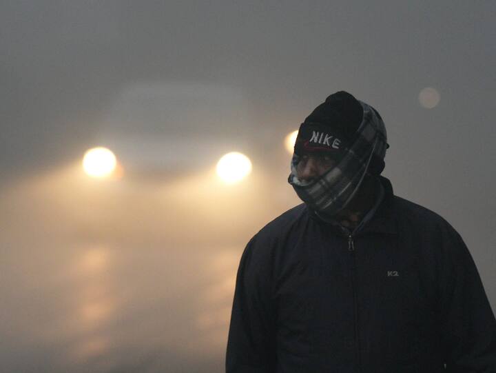 A pedestrian wearing woolens amid low visibility due to a thick layer of fog on a cold winter morning, in New Delhi. (Photo: PTI)