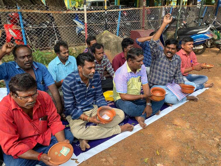 Thanjavur protest was carried out with earthenware and received Yasakam by insisting on demands TNN தஞ்சையில் கோரிக்கைகளை வலியுறுத்தி மண்சட்டி ஏந்தி யாசகம் பெறும் நூதன போராட்டம்