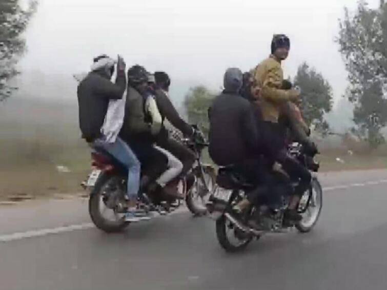 viral Video 14 Men On 3 Bikes Stunt Lands Them In Trouble In uttar pradesh Bareilly 3 பைக்...14 பேர்...சாகசம் செய்வதாக கூறி சிக்கலில் மாட்டிக்கொண்ட நபர்கள்...தட்டித்தூக்கிய போலீஸ்...!