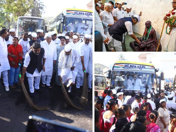 Karantaka Pradesh Congress Committee President DK Shivakumar paid tributes to Mahatma Gandhi at Veer Soudha in Belagavi as they began bus yatra