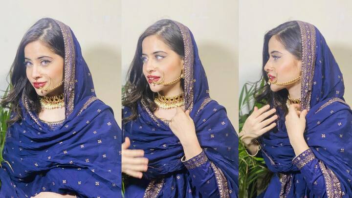 उर्फी पर ये नीला रंग काफी फब रहा है और नाक में नथ तो इनके लुक को और खूबसूरत बना रही है.