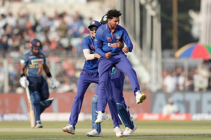 India's left-arm leg-spinner Kuldeep Yadav, who was brought into the Playing 11 in place of Yuzvendra Chahal, brought India back into the game. He broke the second wicket partnership by dismissing Kusal Mendis and then also went on to take the wickets of Charith Asalanka and Sri Lankan skipper Dasun Shanaka. Eventually, Sri Lanka were bowled out for 215 (Picture Credit: Twitter/@BCCI)