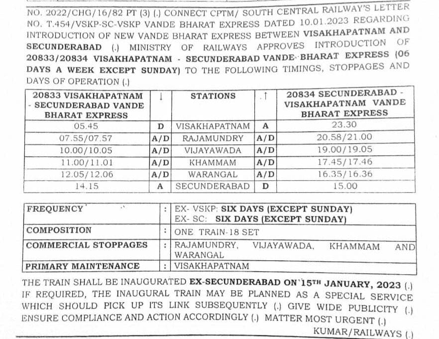 Vande Bharat Timings: విశాఖ-సికింద్రాబాద్ వందేభారత్ ట్రైన్ టైమింగ్స్ ఇవే - ఈ 5 స్టేషన్లలోనే స్టాప్‌లు