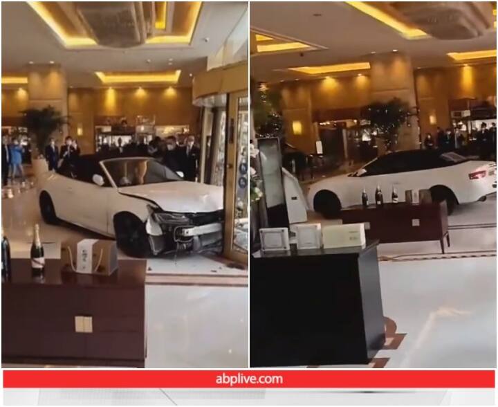 angry man in China was seen vandalizing a luxury hotel with his sports car Video: शख्स ने गुस्से में आकर लग्जरी होटल में मचाया उत्पात, स्पोर्ट्स कार को भी हुआ नुकसान