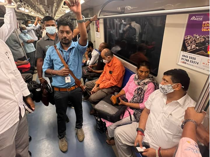 Minister PTR took a metro rail ride from Chennai airport to Anna Salai.