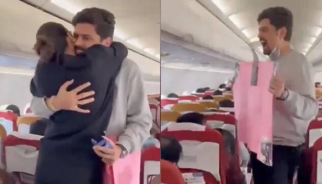 man surprised fiancee by proposing to her onboard air india flight ਹਵਾ ਦੇ ਵਿਚਕਾਰ ਆਦਮੀ ਨੇ ਕੁੜੀ ਨੂੰ ਦਿੱਤਾ ਸਰਪ੍ਰਾਈਜ਼, ਏਅਰ ਇੰਡੀਆ ਦੀ ਫਲਾਈਟ 'ਚ ਕੀਤਾ ਪ੍ਰਪੋਜ਼