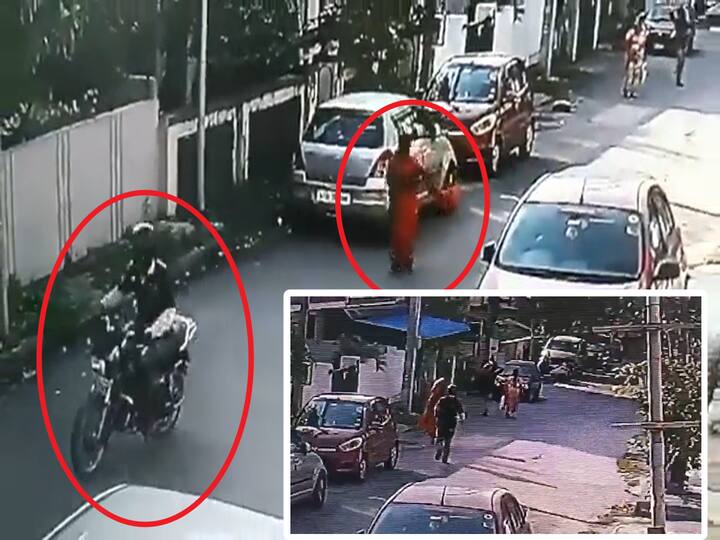 Hyderabad LB Nagar Biker theft woman gold chain snatching incident recorded in CCTV Hyderabad Chain Snatching : హైదరాబాద్ లో మళ్లీ చైన్ స్నాచింగ్, ఎల్బీ నగర్ లో వృద్ధురాలి బంగారపు గొలుసు చోరీ