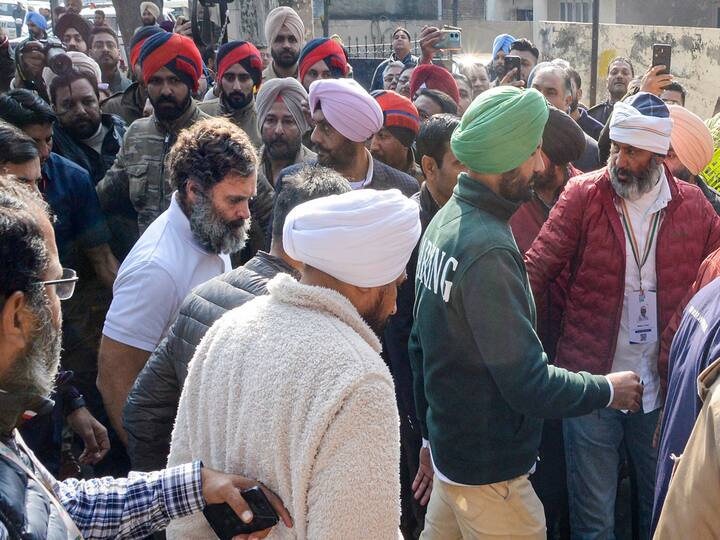 Congress MP Rahul Gandhi on Saturday arrived at the residence of Jalandhar MP Santokh Singh Chaudhary, who died after collapsing during the Bharat Jodo Yatra in Ludhiana earlier today. (PTI Photo)