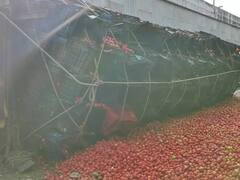 Photo : टोमॅटो घेऊन जाणारा ट्रक पलटी, रस्त्यावर 'लाल' चिखल