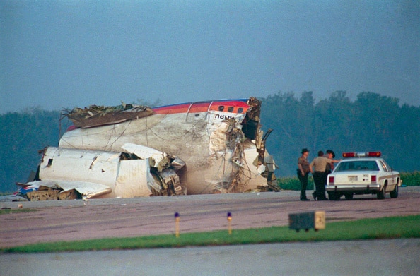 An engine and debris sit in a corn field after United Airlines Flight 232 crashed and broke into pieces July 19, 1989, while attempting to make an emergency landing at the Sioux City Gateway Airport. Of the 296 people on board, 111 were killed in the crash leaving 185 survivors. The flight was going from Denver to Chicago. (GettyImages)