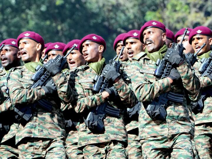 A contingent of Army Engineers marches past during the 75th Army Day celebrations.