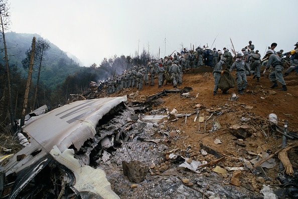 Japan Airlines (JAL) flight 123 crash site. The Boeing 747SR plane crashed due to equipment failure into the lower slopes of Mount Osutaka, killing 520 people on board. (GettyImages)