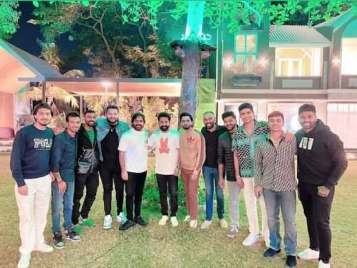Jr NTR, who starred in the movie RRR whose 'Naatu Naatu' recently became the first Indian song to win the Best Original Song award at the Golden Globes, was seen donning a smile as he posed with the cricket stars including Yuzvendra Chahal and Shardul Thakur.  (Picture Credit: Special Arrangement)