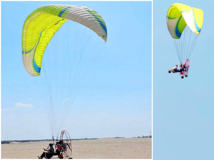 Parachute adventure at Pondy Marina beach to delight Puducherry tourists TNN சுற்றுலா பயணிகளை மகிழ்விக்க பாண்டி மெரினா கடற்கரையில் பாராசூட் சாகச பயணம்