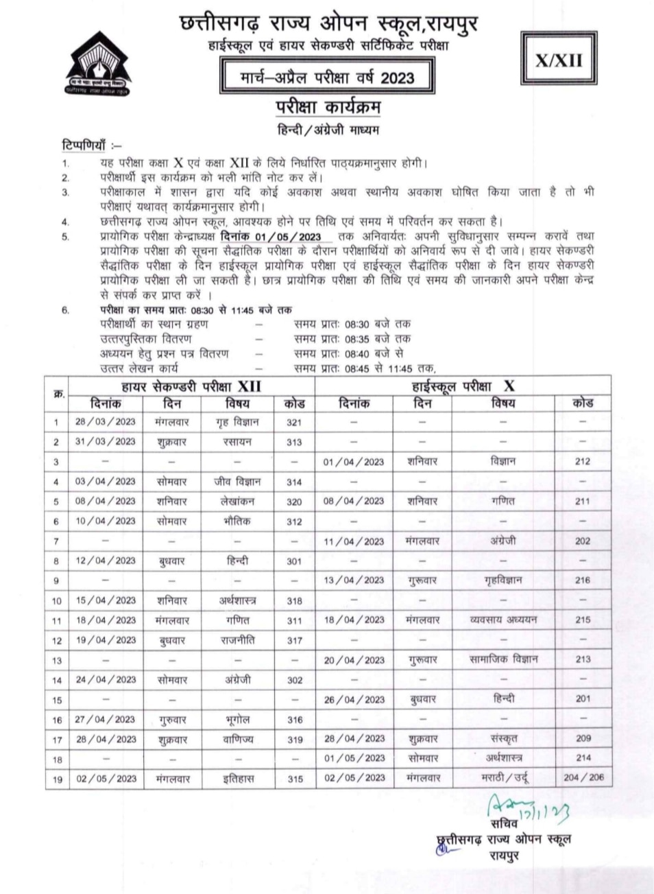 Raipur Chhattisgarh open school exam time table released 12th exam from