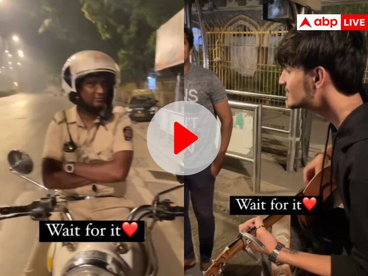 Mumbai Viral video man sings kesariya song on guitar at mumbai marine drive for Mumbai police trending video Watch: मुंबई पुलिस ने रोका तो 'केसरिया तेरा इश्क है पिया' गाने लगा शख्स, लोगों ने अरिजीत सिंह से कर दी तुलना