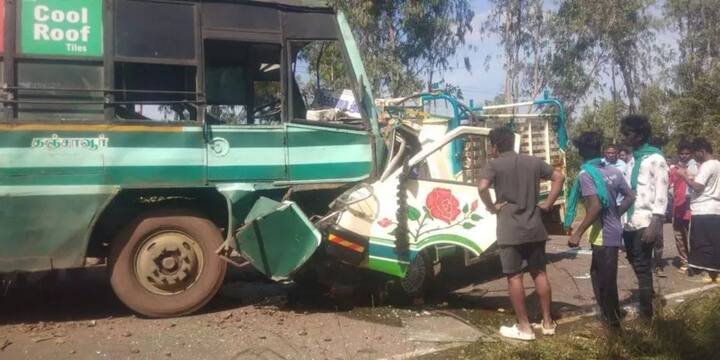 2 youths killed in government bus-cargo van collision புதுக்கோட்டை அருகே அரசு பேருந்து  - சரக்கு வேன் மோதல்  - 2 வாலிபர்கள் உயிரிழப்பு