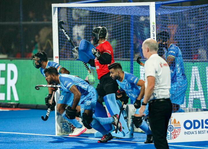 India, Thursday, attained an emphatic 4-2 win over tournament debutants Wales in their final pool match of Men's Hockey World Cup 2023 but failed to qualify directly for the quarterfinals. Pic: @TheHockeyIndia / Twitter