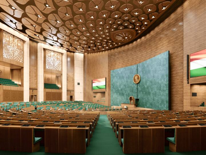 The Lok Sabha, which is themed on the national bird, Peacock, will be three times bigger with the capacity to seat 888. (Source: Central Vista official website)