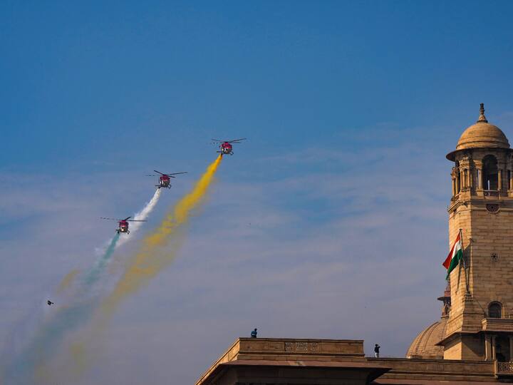 Helicopters of Sarang display team of the Indian Air Force fly-past during rehearsals for the Republic Day Parade 2023, at Kartavya Path in New Delhi, Friday, Jan. 20, 2023. (Source: PTI)