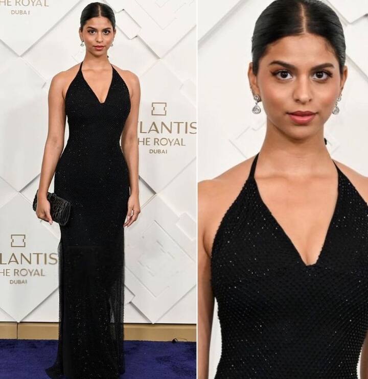 सुहाना खान इस दौरान ब्लैक शिमरी गाउन में नजर आई थीं और इसमें वे बेहद खूबसूरत लग रही थीं. सुहाना ने अपने मिड पार्टिशन के साथ अपने बालों का बन बनाया था और मिनिमल मेकअप किया था. उन्होंने अपने लुक को मैचिंग क्लच के साथ कंप्लीट किया था. (इंस्टाग्राम/ suhanakhan2)