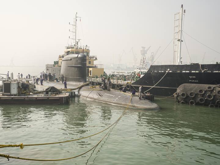 Built by Mazagon Dock Shipbuilders Limited here with technology transfer from France, INS Vagir was commissioned in a ceremony attended by Chief of Naval Staff Admiral R Hari Kumar. (Photo credit: PTI)