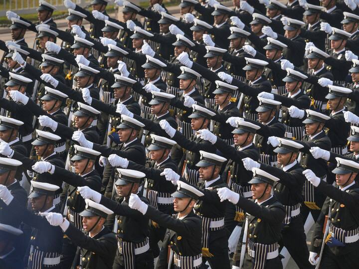 A contingent of the Indian Coast Guard marches past during the full dress rehearsal of the Republic Day Parade 2023. (Image Source: PTI)