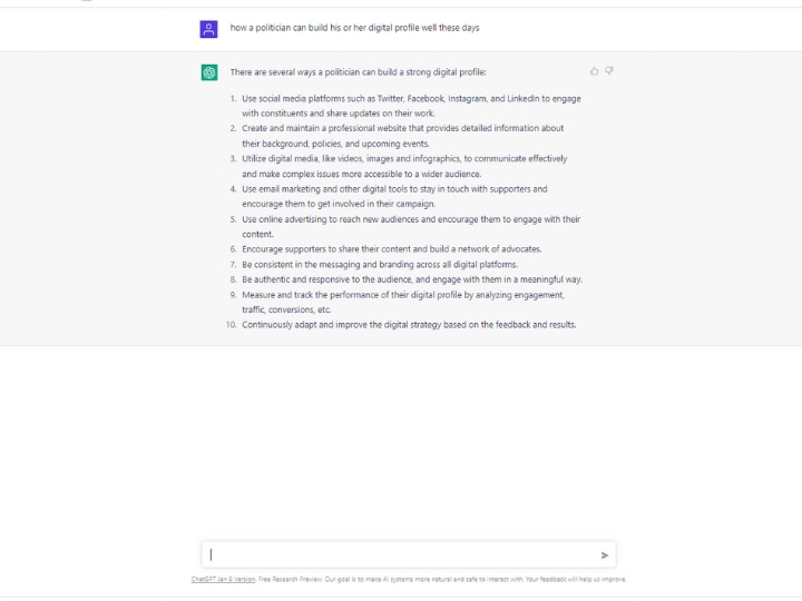 ChatGPT ने बताया राजनीति में कैसे उतर सकते हैं आप, सोशल प्रोफाइल को मजबूत करने के भी दिए टिप्स