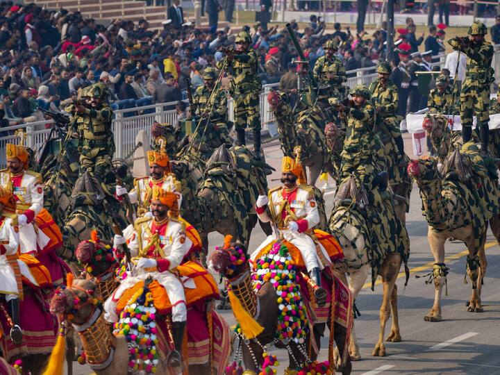 Camel mounted contingent of Border Security Force (BSF) showed their might during the march. (Image Source: PTI)