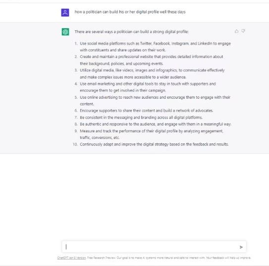ChatGPT ਨੇ ਦੱਸਿਆ ਤੁਸੀ ਰਾਜਨੀਤੀ ‘ਚ ਕਿਵੇਂ ਆ ਸਕਦੇ ਹੋ, ਸੋਸ਼ਲ ਪ੍ਰੋਫਾਈਲ ਨੂੰ ਮਜ਼ਬੂਤ ​​ਕਰਨ ਲਈ ਸੁਝਾਅ ਵੀ ਦਿੱਤੇ  